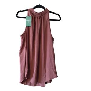 Halara Women Tank Top Mock Neck Gathered Rust Red Sleeveless Button Back Size L